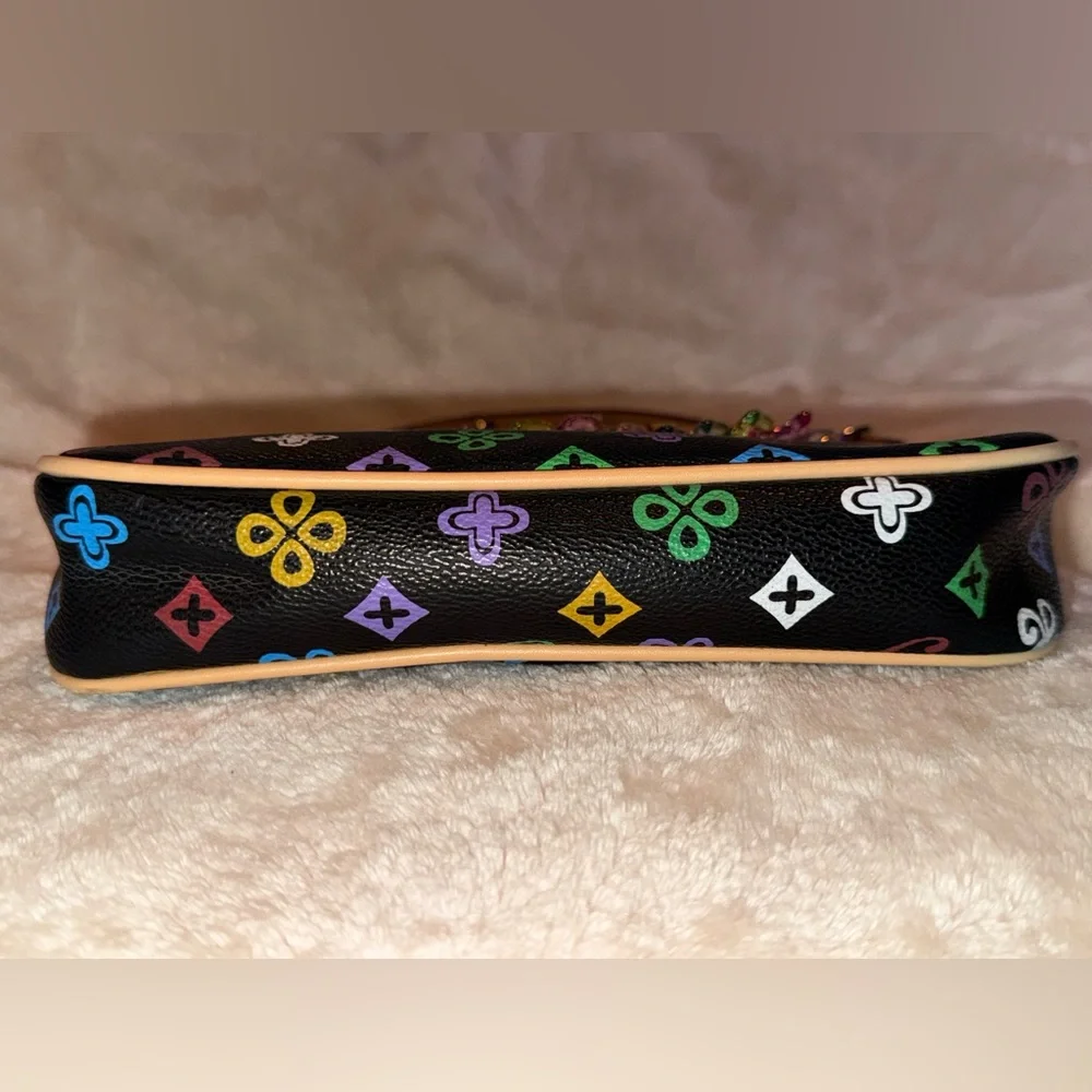Black Multicolor Studded Monogram Shoulder Bag Tan Trim Bow Detail W Bag Chain! - Picture 7 of 12